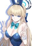  1girl awa_(awao141) bare_arms blue_archive blue_bow blue_eyes blue_hairband blue_halo blue_leotard bow braid breasts cleavage closed_mouth detached_collar double_v earpiece earrings expressionless hair_bow hairband halo highres jewelry large_breasts leotard long_hair looking_at_viewer microphone official_alternate_costume official_alternate_hairstyle solo strapless strapless_leotard stud_earrings teeth toki_(blue_archive) toki_(bunny)_(blue_archive) v wrist_cuffs 