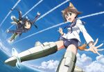  2girls animal_ears artist_request black_hair black_jacket blue_sailor_collar blue_sky brown_eyes brown_hair cloud cloudy_sky dog_ears dog_girl dog_tail flying hattori_shizuka jacket long_hair looking_at_another looking_at_viewer military military_uniform miyafuji_yoshika multiple_girls ocean official_art one-piece_swimsuit open_mouth outdoors sailor_collar school_swimsuit short_hair sky strike_witches striker_unit swimsuit swimsuit_under_clothes tail world_witches_series 