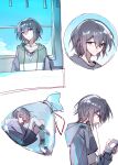  1girl absurdres bag bang_dream! bang_dream!_it&#039;s_mygo!!!!! black_shorts brown_eyes cellphone closed_mouth green_hoodie grey_hair hair_between_eyes hibioes highres holding holding_phone hood hood_down hoodie in_bag in_container looking_at_viewer multiple_views phone short_hair shorts smartphone takamatsu_tomori 