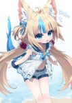  1girl :3 absurdres animal_ear_fluff animal_ears bikini bikini_top_only blonde_hair blue_bikini blue_eyes blue_hair blue_sailor_collar cat_ears commentary dress feet_out_of_frame fins fish_girl fish_tail flat_chest frilled_bikini frilled_dress frilled_sailor_collar frills highres indie_virtual_youtuber leaning_forward lifebuoy_hair_ornament long_hair looking_at_viewer low_twintails mr.turtle_head multicolored_hair one_side_up open_clothes open_dress open_mouth sailor_collar sameko_saba short_shorts shorts sleeveless sleeveless_dress solo streaked_hair striped_bikini striped_clothes swimsuit tail twintails very_long_hair virtual_youtuber white_dress white_shorts 