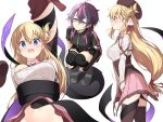  2girls ^^^ agnes_claudel ahoge aqua_hair areola_slip asymmetrical_hair black_shirt black_shoes black_skirt black_thighhighs blonde_hair blue_eyes blush breasts brown_corset brown_thighhighs bun_with_braided_base closed_mouth corset cowboy_shot eiyuu_densetsu full_body hair_between_eyes hair_bun hair_ribbon hakuleg hugging_own_legs jitome jolda_(kuro_no_kiseki) kuro_no_kiseki_(series) kuro_no_kiseki_ii legs_together living_shadow long_hair long_sleeves looking_at_another looking_down low-tied_long_hair medium_breasts medium_hair miniskirt multicolored_hair multiple_girls multiple_views navel open_mouth pink_skirt pleated_skirt profile purple_eyes purple_hair red_ribbon restrained ribbed_shirt ribbon shirt shoes simple_background single_side_bun single_sidelock skirt squatting standing streaked_hair surprised sweat thighhighs two-tone_hair underbust wavy_mouth white_background white_ribbon white_shirt wing_collar yuri 