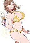  1girl atelier_(series) atelier_ryza bikini blush breasts brown_eyes brown_hair closed_mouth cowboy_shot highres huge_breasts ice_cream_cone kaninoko medium_hair one_eye_closed reisalin_stout simple_background solo swimsuit tongue tongue_out white_background yellow_bikini 