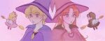  4girls blonde_hair brown_hair cape chocolat_(yumeiro) chocolat_meilleure earrings eye_contact fork green_eyes hat highres holding holding_fork holding_spoon jewelry long_hair looking_at_another magical_girl mini_person minigirl multiple_girls mysweetdream_15 parted_bangs pink_background pink_hat purple_eyes purple_hat simple_background spoon sugar_sugar_rune upper_body vanilla_(yumeiro) vanilla_mieux witch witch_hat yumeiro_patissiere 