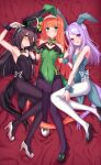  3girls absurdres animal_ears aqua_eyes black_hair black_pantyhose blush chawan_(yultutari) commentary_request ear_covers flat_chest four-finger_heart_hands full_body heart heart_hands high_heels highres horse_girl horse_tail leotard long_hair looking_at_viewer lying manhattan_cafe_(umamusume) mejiro_mcqueen_(umamusume) multiple_girls nontraditional_playboy_bunny on_back orange_hair pantyhose purple_eyes purple_hair rabbit_ears silence_suzuka_(umamusume) smile tail umamusume white_pantyhose yellow_eyes 