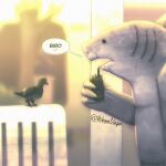 1:1 anthro avian bird blurred_background bottomwear clothed clothing dc_comics duo electronics feral fin fingers fish grey_body grey_skin hi_res holding_object humanoid king_shark male marine pants radio scar shark sharp_teeth shirtless speech_bubble standing suicide_squad teeth text topless unavailable_at_source walkie-talkie weonvago
