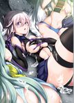  aqua_panties armor ass black_gloves black_legwear blue_eyes blue_hair breasts breasts_outside cleavage covering covering_breasts cum cum_on_ass cum_on_body elbow_gloves fate/grand_order fate_(series) gloves highres kiyohime_(fate/grand_order) kuno_touya large_breasts looking_at_viewer mash_kyrielight multiple_girls navel out_of_frame panties purple_hair thigh_strap thighhighs thighs underboob underwear ushiwakamaru_(fate/grand_order) 