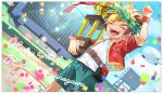 1boy ^_^ aircraft amanogawa_ryuusei aqua_shorts arm_up belt belt_pouch blonde_hair blue_sky border brown_belt brown_hair character_name child closed_eyes cloud commentary confetti cowboy_shot dated dirigible dutch_angle hair_between_eyes happy happy_birthday head_wreath highres holding holding_trophy jacket jinzou_konchuu_kabutoborg_vxv kuroda_(kuro_yyy) male_focus open_mouth outdoors pouch red_jacket shirt short_hair shorts sky smile solo stadium teeth trophy upper_teeth_only white_border white_shirt wristband 