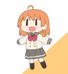  1girl ahoge black_eyes bow bowtie braid buttons chibi clover_hair_ornament four-leaf_clover_hair_ornament grey_sailor_collar grey_skirt hair_bow hair_ornament loafers long_sleeves love_live! love_live!_sunshine!! miyako_hito necktie orange_hair pleated_skirt red_bow red_bowtie ribbon sailor_collar school_uniform serafuku shoes short_hair simple_background skirt socks solo takami_chika uranohoshi_school_uniform white_background winter_uniform 