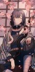  1boy absurdres animal_around_neck bandage_on_face bandages black_hair black_snake cherry_blossoms closed_eyes covered_mouth demon_slayer_uniform highres iguro_obanai katana kimetsu_no_yaiba long_hair male_focus ogura_aoi sitting snake snake_wrapped_around_neck solo sword weapon white_snake 