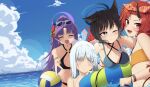  animal_ear_fluff animal_ears bangs_pinned_back bikini black_bikini black_eyes black_hair blue_archive blue_bikini blush cat_ears cat_girl closed_eyes closed_mouth colored_eyelashes colored_skin dragon_horns eyewear_on_head fang flower hair_flower hair_ornament hairband hasu202mm highres horns kikyou_(blue_archive) kikyou_(swimsuit)_(blue_archive) long_hair multicolored_skin nagusa_(blue_archive) nagusa_(swimsuit)_(blue_archive) official_alternate_costume official_alternate_hairstyle open_mouth orange_hairband parted_bangs partially_submerged ponytail purple-framed_eyewear purple_hair red_eyes red_flower red_hair red_skin renge_(blue_archive) renge_(swimsuit)_(blue_archive) short_hair single_horn skin_fang smile sunglasses swim_ring swimsuit white_hair yellow_bikini yukari_(blue_archive) yukari_(swimsuit)_(blue_archive) 