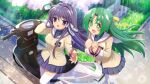  2girls artist_request blue_skirt blush breasts brown_jacket clannad crossover flower fujibayashi_kyou game_cg grass green_eyes green_hair highres higurashi_no_naku_koro_ni higurashi_no_naku_koro_ni_mei hikarizaka_private_high_school_uniform jacket long_hair long_sleeves looking_at_another motor_vehicle motorcycle multiple_girls non-web_source official_art open_mouth outdoors pink_petals purple_eyes purple_hair school_uniform skirt smile sonozaki_shion sparkle sparkling_eyes sunlight thighhighs white_thighhighs 