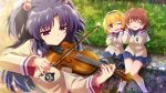  3girls antenna_hair artist_request black_hairband black_pantyhose blonde_hair blue_hair blue_skirt bow_(music) brown_hair brown_jacket bush clannad closed_eyes covering_own_ears crossover emblem fang furukawa_nagisa game_cg hairband highres higurashi_no_naku_koro_ni higurashi_no_naku_koro_ni_mei hikarizaka_private_high_school_uniform holding holding_instrument holding_violin houjou_satoko ichinose_kotomi instrument jacket long_hair long_sleeves medium_hair multiple_girls music nervous_smile non-web_source official_art open_mouth outdoors pantyhose parted_lips pink_eyes playing_instrument purple_eyes school_uniform shoes short_hair sitting skirt smile socks sparkle sphere_hair_ornament sweatdrop violin white_socks 