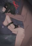  1boy 1girl absurdres arms_behind_back black_hair blindfold blue_archive bound bound_arms completely_nude condom ear_piercing halo hetero highres misaki_(blue_archive) nipples nude piercing red_halo restrained saliva sex sex_from_behind short_hair stomach_bulge strangling tongue tongue_out uruchan used_condom 