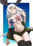  1girl alternate_costume american_flag american_flag_bikini american_flag_print bald_eagle_(kemono_friends) bare_arms bare_shoulders belt belt_buckle bikini bikini_top_only bird_girl bird_tail bird_wings black_belt black_thighhighs blonde_hair breasts buckle collarbone commentary flag_print flag_print_bikini from_below gradient_hair green_jacket green_shorts grey_hair hair_between_eyes head_wings highres jacket kemono_friends long_hair long_hair_between_eyes looking_at_viewer medium_breasts multicolored_hair navel off_shoulder print_bikini short_shorts shorts simple_background solo spaghetti_strap stomach swimsuit tail tanabe_(fueisei) thigh_gap thighhighs white_hair wings yellow_eyes 