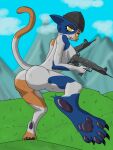 3:4 4_toes 5_fingers absurd_res anthro black_claws black_eyebrows black_toe_claws blue_body blue_fur butt calico_cat calico_pattern claws clothing domestic_cat epic_games eyebrows eyelashes eyeshadow feet felid feline felis female fingers foot_fetish foot_focus fortnite fur grass grass_field gun happy hat headgear headgear_only headwear headwear_only hi_res koshak100500 looking_at_viewer looking_back makeup mammal meow_skulls mostly_nude mountain multicolored_body multicolored_fur nude nude_female open_mouth orange_body orange_fur pawpads paws plant ranged_weapon rear_view solo submachine_gun tail toe_claws toes two_tone_tail uzi weapon white_body white_fur yellow_eyes