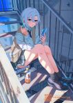  1girl black_necktie black_shoes black_skirt black_socks blue_eyes blue_hair blue_sky bottle brown_sweater_vest cellphone collared_shirt day grey_hair highres holding holding_phone juice looking_at_viewer multicolored_hair necktie original outdoors parted_lips phone pleated_skirt railing sakatsuki_yakumo school_uniform shirt shoes sitting skirt sky smartphone socks sunlight sweater_vest thighs two-tone_hair watermark white_shirt 