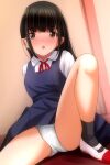  1girl absurdres black_hair black_socks blush brown_eyes collared_shirt dress highres knee_up long_hair looking_at_viewer matsunaga_kouyou neck_ribbon nose_blush original panties pinafore_dress polka_dot polka_dot_panties red_ribbon ribbon shirt shoes sitting sleeveless sleeveless_dress socks solo underwear uwabaki white_panties white_shirt 
