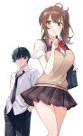  1boy 1girl bag black_hair black_necktie black_pants black_skirt blue_eyes blue_scrunchie blush bow bowtie breasts brown_hair brown_sweater_vest closed_mouth collared_shirt commentary_request cover cover_image cover_page finger_to_mouth green_eyes hair_between_eyes hair_ornament hair_scrunchie hand_up hands_in_pockets hasaki_kana highres index_finger_raised large_breasts looking_at_another looking_at_viewer medium_hair miniskirt necktie novel_cover official_art pants plaid_clothes plaid_skirt pleated_skirt red_bow red_bowtie school_bag school_uniform scrunchie shirt short_hair short_sleeves shushing side_ponytail simple_background skirt smile standing sweater_vest tomari_(veryberry00) tomoki_yuuji white_background white_shirt wing_collar yuujin_chara_no_ore_ga_motemakuru_wakenaidaro? 