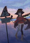  1girl :d absurdres bandaged_leg bandages belt black_cape black_thighhighs brown_choker brown_hair brown_shoes cape choker cloud commentary day dress fingerless_gloves gloves hat highres kono_subarashii_sekai_ni_shukufuku_wo! koukouya long_sleeves looking_at_viewer megumin open_mouth outdoors red_dress red_eyes shoes short_hair sign smile solo thighhighs warning_sign water witch_hat 
