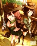  absurdres animal_ears bandana bandana_around_neck boots bra braid breasts brown_boots brown_eyes brown_hair brown_hat brown_jacket brown_vest cleavage closed_mouth copyright_name copyright_notice cowboy_hat cowgirl_(western) grace_maitland_steward green_bandana green_bra green_skirt groin gun half_up_half_down_braid hand_on_own_hip hat highres holding holding_gun holding_weapon jacket kawata_kazuki knee_boots leaning_forward light_blush long_hair looking_at_viewer luminous_witches magazine_scan matching_outfits mc_axis medium_breasts miniskirt navel official_art open_clothes open_jacket open_mouth outdoors pleated_skirt revolver scan shade shibuya_inori short_hair short_shorts shorts skirt standing sunlight thigh_boots underwear vest weapon world_witches_series 