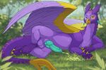 absurd_res anglofikator avian balls big_wings bodily_fluids claws colored_cum countershade_torso countershading cum cum_on_grass cum_on_ground cumshot ejaculation feathers feral fridaflame genital_fluids genitals gold_beak gold_eyeshadow grass green_cum gryphon hands-free hi_res kestrel_(ichlamogeneralhukari) knot knotted_penis looking_at_viewer lying male mythological_avian mythological_creature mythology nature nature_background on_side pawpads paws penis pink_pawpads plant purple_body purple_eyes purple_feathers purple_paws purple_sclera red_stripes shrub silver_eyeshadow solo spontaneous_ejaculation stripes tail_claws teal_penis tree unusual_bodily_fluids unusual_cum unusual_genital_fluids wings yellow_body yellow_claws yellow_feathers