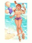 1girl :d bare_shoulders beach blue_eyes blue_shorts breasts crop_top cup drinking_glass drinking_straw full_body hair_between_eyes highres holding holding_cup jumpluff large_breasts looking_at_viewer navel official_alternate_costume open_mouth pokemon pokemon_(creature) pokemon_masters_ex red_hair sanno_(snn_3) short_hair_with_long_locks short_shorts shorts sidelocks skyla_(pokemon) skyla_(summer_2025)_(pokemon) smile teeth upper_teeth_only 