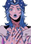  1boy beanie blue_eyes blue_hair blue_hat blue_nails blue_theme grey_hoodie hands_on_own_chest hat highres hood hood_down hoodie horseshoe_hat_ornament horseshoe_ornament jj7_yuki johnny_joestar jojo_no_kimyou_na_bouken looking_at_viewer male_focus medium_hair open_mouth solo star_(symbol) star_print steel_ball_run teeth 