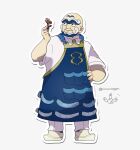  1boy apron beard blue_apron bright_pupils closed_mouth eneko_(olavcnkrpucl16a) facial_hair flower hand_on_own_hip hand_up highres holding kofu_(pokemon) looking_to_the_side male_focus outline pants pokemon pokemon_sv shirt shoes short_sleeves smile standing thick_eyebrows unibrow white_pants white_pupils white_shirt wugtrio 