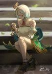  1girl aqua_hair ascot cecilia_immergreen cecilia_immergreen_(1st_costume) closed_eyes closed_mouth cracked_skin detached_sleeves doll_joints gradient_hair green_skirt highres hololive hololive_english joints multicolored_hair red_ascot shirt short_hair sitting skirt solo stairs takomonty virtual_youtuber white_hair white_shirt winding_key 