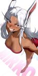  1girl animal_ears artist_name bare_legs bare_shoulders blush boku_no_hero_academia breasts character_name collarbone commentary curtained_hair dark-skinned_female dark_skin dress english_commentary grin high_heels highres large_breasts leaning_forward long_eyelashes long_hair looking_at_viewer mirko parted_bangs pumps rabbit_ears rabbit_girl rabbit_tail red_dress red_eyes scar scar_on_face shibbunny smile solo strapless strapless_dress sweat tail tail_through_clothes thighs toned toned_female very_long_hair white_hair 