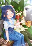  1girl :d absurdres alternate_costume bag bench blue_eyes blue_skirt buttons commentary_request food hair_ornament hairclip highres liko_(pokemon) long_skirt looking_at_viewer meowscarada open_mouth pleated_skirt pokemon pokemon_(anime) pokemon_(creature) pokemon_horizons shirt short_sleeves sitting skirt smile sparkle suzushiro_(gripen39) swept_bangs tongue waving white_shirt wrist_straps 