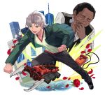  2boys andou_loid beard_stubble black_hair black_pants black_shoes black_vest building caesar_kaiser_emperor clenched_hands closed_eyes commentary_request curtained_hair dark-skinned_male dark_skin facial_hair flower green_eyes green_jacket grey_hair harmonica highres instrument jacket jewelry jinzou_konchuu_kabutoborg_vxv kuroda_(kuro_yyy) male_focus multiple_boys music open_mouth pants petals playing_instrument pouch red_flower red_petals red_rose reflection reflective_water ring rose rose_petals shirt shoes short_hair skyscraper smile stag_beetle standing stubble toy toy_car vest water white_shirt 