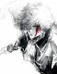  1boy ascot blood blood_on_face bokken gintama greyscale hair_over_one_eye highres holding holding_sword holding_weapon jacket long_sleeves lushu_kuye male_focus messy_hair monochrome official_alternate_costume parted_lips sakata_gintoki solo spot_color sword upper_body weapon white_background wooden_sword 
