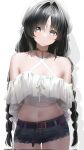  1girl alternate_costume alternate_hairstyle bare_shoulders belt black_eyes black_hair black_shorts braid closed_mouth commentary corrupted_twitter_file criss-cross_halter cryne denim denim_shorts hair_intakes halterneck hat highres long_hair looking_at_viewer low_twin_braids midriff mole mole_under_eye navel purple_belt shirt shorts simple_background solo tacet_mark_(wuthering_waves) twin_braids twitter_username white_background white_hat white_shirt wuthering_waves yangyang_(wuthering_waves) 