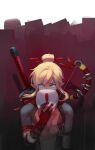  1boy abs arm_up bare_pectorals belt belt_buckle black_belt blonde_hair blue_eyes bow_(weapon) buckle commentary covered_mouth english_commentary fingerless_gloves gloves hair_between_eyes hair_bun hair_intakes holding holding_mask link male_focus mask natsuyon parted_bangs pectorals single_hair_bun solo straight-on sword the_legend_of_zelda the_legend_of_zelda:_breath_of_the_wild toned toned_male weapon weapon_on_back yiga_clan 