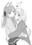  2girls animal_ears arrow_through_heart bang_dream! bang_dream!_it&#039;s_mygo!!!!! blush cat_ears cat_girl cat_tail closed_mouth dog_ears dog_girl dog_tail greyscale hanasakigawa_school_uniform haneoka_school_uniform highres hug kemonomimi_mode long_hair long_sleeves medium_hair misumi_uika monochrome multiple_girls parted_lips pleated_skirt school_uniform serafuku skirt tail togawa_sakiko two_side_up uikays 