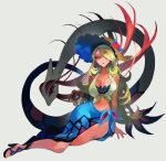  1girl blonde_hair blue_sarong breasts cynthia_(pokemon) cynthia_(summer_2025)_(pokemon) full_body grey_eyes hair_over_one_eye hat high_heel_sandals highres holding holding_poke_ball looking_at_viewer midriff milotic official_alternate_costume poke_ball poke_ball_(basic) pokemon pokemon_(creature) pokemon_masters_ex sandals sarong shirt straw_hat sun_hat tied_shirt yuzawa_risato 