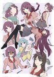  1girl bakemonogatari beanie black_shoes black_thighhighs border boxcutter braid braided_ponytail brown_eyes brown_hair closed_mouth collarbone collared_shirt corrupted_twitter_file cropped_torso eyelashes grey_skirt groucho_glasses hat highres holding juliet_sleeves koimonogatari long_hair long_sleeves medium_hair monogatari_(series) multiple_views naoetsu_high_school_uniform necktie nisemonogatari pen pleated_skirt puffy_sleeves purple_background purple_hair school_uniform scissors senjougahara_hitagi shadow shirt shoes short_hair sketch skirt sleeves_rolled_up smile standing stapler thighhighs valhalla0707 very_long_hair white_border zettai_ryouiki 