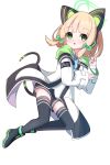  1girl absurdres animal_ear_headphones animal_ears aqua_necktie ass ass_peek black_boots black_jacket black_shorts black_tail black_thighhighs blonde_hair blue_archive blush boots bow cat_ear_headphones cat_ears cat_tail clothes_writing collared_shirt commentary fake_animal_ears fake_tail full_body green_bow green_eyes green_halo green_jacket hair_bow halo hand_up headphones highres hood hooded_jacket jacket layered_sleeves long_sleeves looking_at_viewer low-tied_sidelocks midori_(blue_archive) multicolored_jacket necktie open_clothes open_jacket parted_lips shirt short_hair short_necktie short_shorts shorts sidelocks simple_background solo sunlc tail thighhighs white_background white_jacket white_shirt 