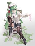  1girl artist_request beret black_necktie black_skirt black_thighhighs braid breasts cardigan chair closed_mouth collared_shirt commission frilled_skirt frills full_body green_hair hair_between_eyes hat highres holding holding_panties holding_underwear holding_unworn_clothes huanxiang_koudai_meow indie_virtual_youtuber knee_up long_hair long_sleeves looking_at_viewer miniskirt necktie panties pink_panties plant pleated_skirt red_eyes second-party_source shirt shoes simple_background sitting skirt smile solo thighhighs underwear unworn_panties very_long_hair white_background white_shirt 