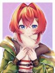  1girl alternate_costume ange_katrina ayuko_ammobium blue_eyes blush brown_shirt character_name closed_mouth commentary_request crossed_bangs enpera green_jacket grid_background hair_between_eyes hair_intakes hair_ornament hands_up highres jacket long_sleeves looking_at_viewer nijisanji open_clothes open_jacket outline outside_border purple_background red_hair scarf shirt single_off_shoulder smile solo straight-on triangle_hair_ornament upper_body virtual_youtuber white_outline white_scarf 
