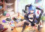  1girl :d apple_caramel bag_of_chips black_dress black_shoes black_thighhighs blue_hair blue_jacket breasts can character_request chips_(food) cleavage collarbone commentary_request curtains day dress figure food fringe_trim head_tilt highres holding indoors jacket knees_together_feet_apart knees_up large_breasts lightning_bolt_symbol long_hair looking_at_viewer official_art potato_chips pringles pringles_can red_eyes rug shoes single_thighhigh sitting smile solo starseed:_asnia_trigger stuffed_animal stuffed_toy teddy_bear tetris thighhighs transparent window 