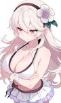  1girl absurdres annoyed arms_under_breasts bare_shoulders bikini bikini_skirt black_hairband blush breasts cleavage closed_mouth cowboy_shot crossed_arms female_corrin_(fire_emblem) female_corrin_(novice_vacationer)_(fire_emblem) fire_emblem fire_emblem_fates fire_emblem_heroes flower front-tie_bikini_top front-tie_top frown grey_hair hair_between_eyes hair_flower hair_ornament hairband highres large_breasts long_hair looking_to_the_side n_54 navel official_alternate_costume pointy_ears pout red_eyes simple_background solo sweat sweatdrop swimsuit v-shaped_eyebrows white_background white_bikini 