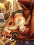  borderlands box chaps claptrap controller couch donut fingerless_gloves food fruit gloves gun heart lilith_(borderlands) lipstick makeup playstation red_hair short_hair shorts soda strawberry tattoo towel weapon yellow_eyes 