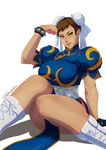  bracelet bun_cover chinese_clothes chun-li double_bun highres jewelry looking_at_viewer no_legwear pelvic_curtain sitting solo spiked_bracelet spikes street_fighter tovio_rogers wariza 