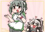  2girls alternate_costume black_gloves black_pantyhose brown_eyes cowboy_shot cyama_land dress drooling enmaided gloves grey_dress grey_hair grey_sailor_collar heart highres kantai_collection long_hair maid maid_headdress multiple_girls pantyhose pink_hair sailor_collar saliva school_uniform serafuku twitter_username yura_(kancolle) yura_kai_ni_(kancolle) yuubari_(kancolle) yuubari_kai_ni_(kancolle) 
