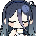  1girl :3 animated animated_gif aqua_necktie aris_(blue_archive) black_jacket blue_archive blue_hair blue_hairband blue_jacket blush_stickers chibi chunye_haruya closed_eyes closed_mouth collared_shirt cup disembodied_hand dot_nose drinking facing_viewer hair_between_eyes hairband holding holding_cup holding_saucer jacket long_bangs long_hair long_hair_between_eyes lowres multicolored_jacket necktie one_side_up open_clothes open_jacket saucer school_uniform second-party_source shirt simple_background smile solo teacup transparent_background u_u upper_body white_jacket white_shirt 