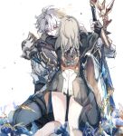  1boy 1girl ahoge armor black_coat black_gloves black_pants blue_eyes coat commentary_request fingerless_gloves gloves grey_hair heterochromia highres holding holding_sword holding_weapon honkai:_star_rail honkai_(series) hug medium_hair pants pauldrons pe_eee00 phainon_(honkai:_star_rail) short_hair shoulder_armor simple_background single_pauldron stelle_(honkai:_star_rail) sword thighs trailblazer_(honkai:_star_rail) weapon white_background white_hair yellow_eyes 