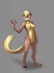  2016 anthro anthrofied areola black_claws black_nose blonde_hair breasts brown_fur claws female fur grey_background hair hi_res long_hair lurkingtyger navel nintendo nipples nude pink_nipples pink_nose pok&eacute;mon pok&eacute;morph pussy sharp_teeth simple_background solo teeth toe_claws video_games yellow_fur yungoos 