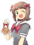  1girl ;d amami_haruka bag black_shirt bow bowtie brown_hair cookie food green_eyes hair_bow hand_up idolmaster idolmaster_(classic) looking_at_viewer neck_ribbon one_eye_closed open_mouth red_bow red_bowtie red_ribbon ribbon sailor_collar shirt short_hair short_sleeves simple_background skirt smile tsubobot upper_body white_background white_sailor_collar 